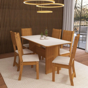 CONJUNTO MESA EVORA 1.50Cm COM 6 CADEIRAS LISBOA – INDEKES – NOCE/OFF WHITE