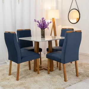 Mesa de Jantar Pedro Mel Vidro Off 90×90 4 Cadeiras Lisboa Veludo Azul 503 Madeira Maciça Art Assento - Entregue Montada