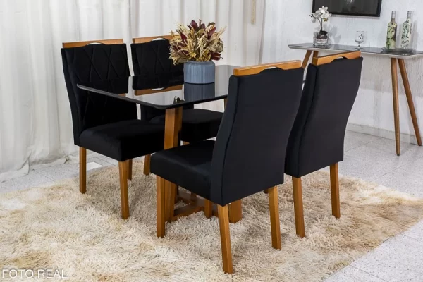 Mesa de Jantar Pedro Mel Vidro Preto 120×80 4 Cadeiras Lisboa Veludo Preto 504 Madeira Maciça Art Assento - Entregue Montada