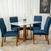 Mesa de Jantar Pedro Mel Vidro Off 120×80 4 Cadeiras Lisboa Veludo Azul 503 Madeira Maciça Art Assento - Entregue Montada