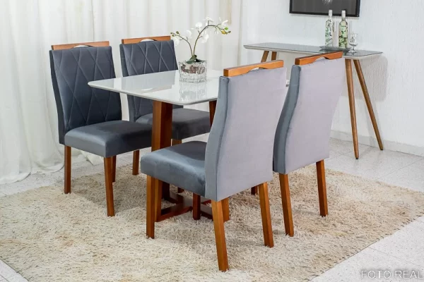 Mesa de Jantar Pedro Mel Vidro Off 90×90 4 Cadeiras Lisboa Veludo Cinza 507 Madeira Maciça Art Assento - Entregue Montada - Image 3