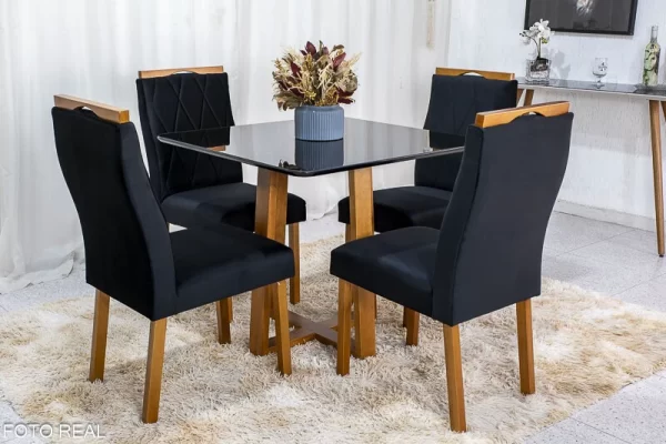 Mesa de Jantar Pedro Mel Vidro Preto 90×90 4 Cadeiras Lisboa Veludo Preto 504 Madeira Maciça Art Assento - Entregue Montada - Image 2