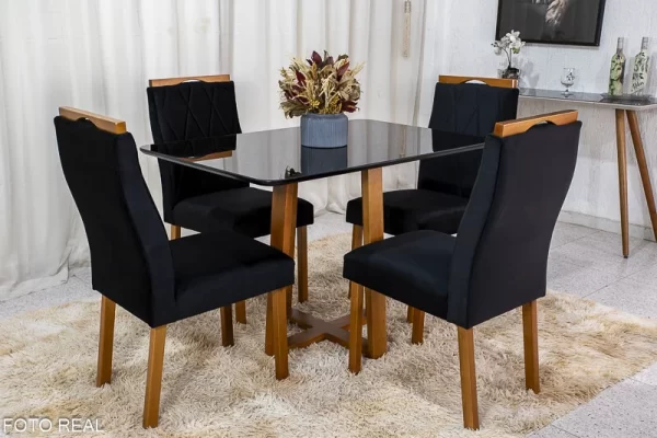 Mesa de Jantar Pedro Mel Vidro Preto 120×80 4 Cadeiras Lisboa Veludo Preto 504 Madeira Maciça Art Assento - Entregue Montada - Image 2