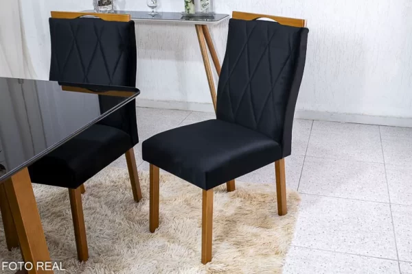 Mesa de Jantar Pedro Mel Vidro Preto 120×80 4 Cadeiras Lisboa Veludo Preto 504 Madeira Maciça Art Assento - Entregue Montada - Image 3