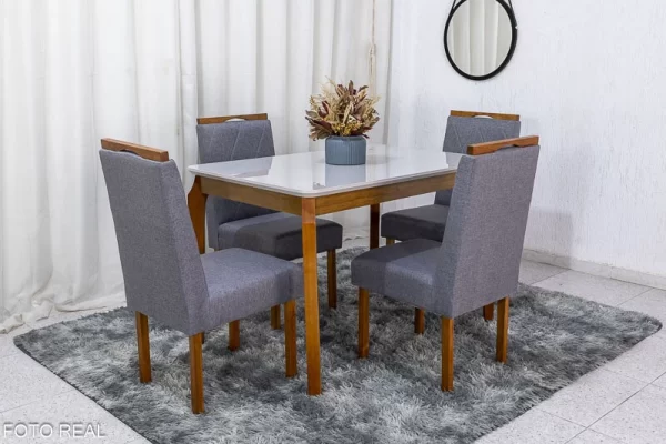 Mesa de Jantar Alegra Tampo Vidro Off 120×80 4 Cadeiras Diamante Linho Cinza 2904 JCM Madeira Maciça