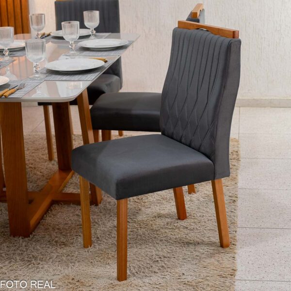 Mesa Pedro Mel Vidro OFF 160×80 6 Cadeiras Genova Veludo Cinza 507 Madeira Maciça Art Assento - Entregue Montada - Image 3