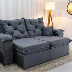 Sofá Retrátil Reclinável Porto Madri 2.00m Veludo Cinza - D28 Pró Aditivada